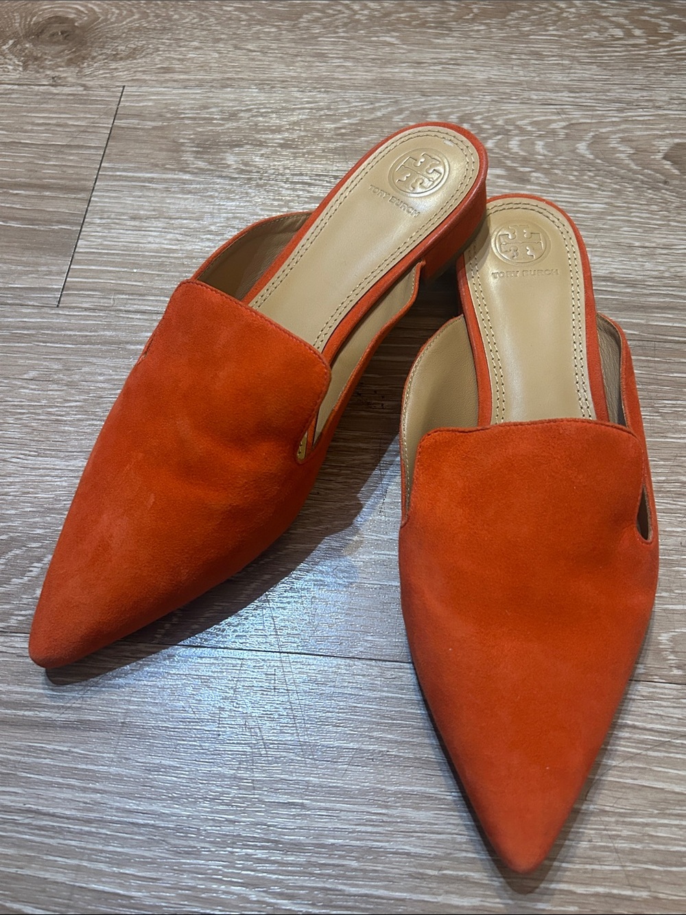 Tory Burch Orange Suede Pointed Toe Slip-On Mules